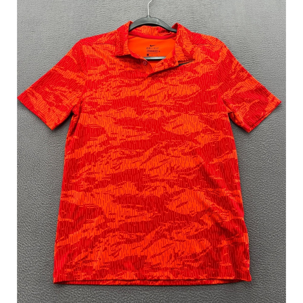 Nike Shirt Youth Size Large Orange Red Abstract Dri-FIT Golf Polo Short Sleeve
